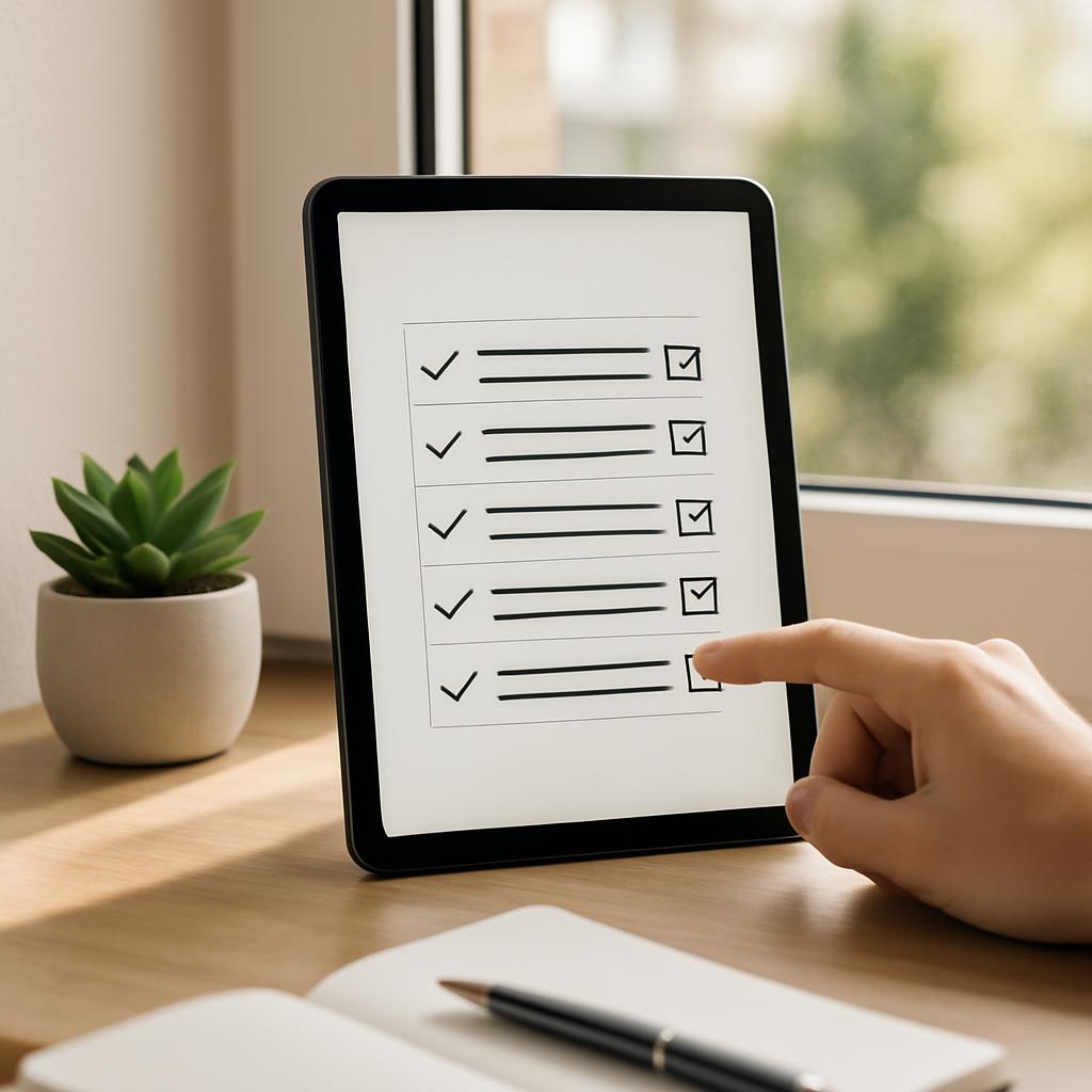 A digital checklist on a tablet screen being interacted with by a hand sits on a wooden desk. A pot plant and notebook and...