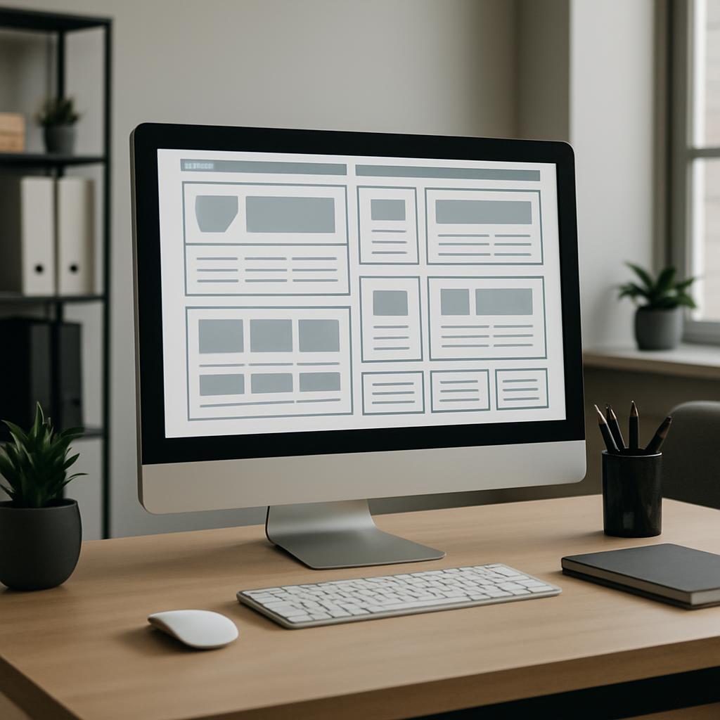 A computer monitor displaying a wireframe design for a website, sitting on a desk with a keyboard and mouse.