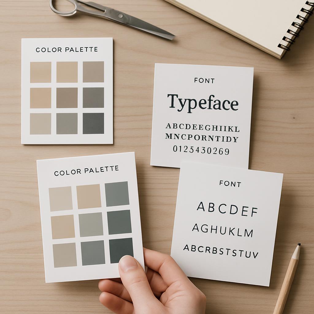 Hand stretching a card with color palette and font information for typography research.