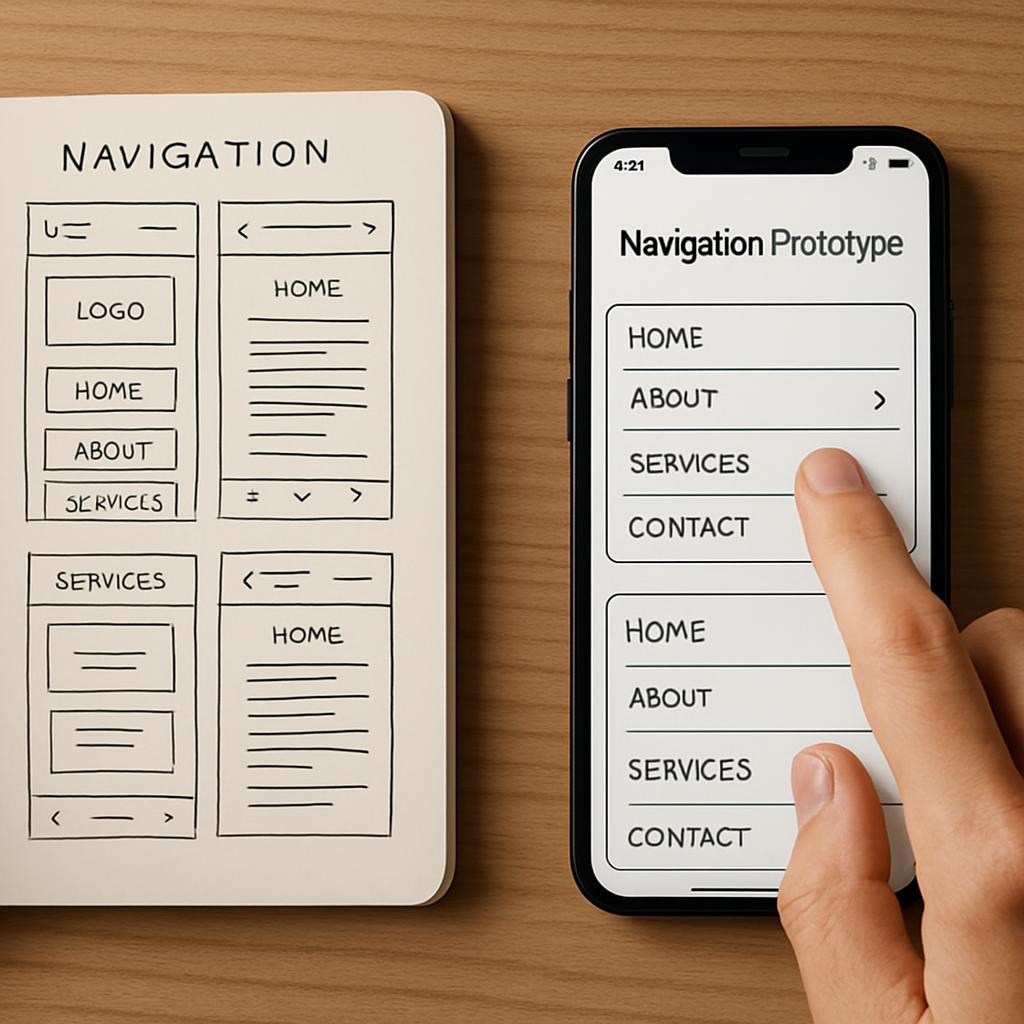 A smartphone and its screen presentation displaying a navigation prototype, with a hand touching the screen.