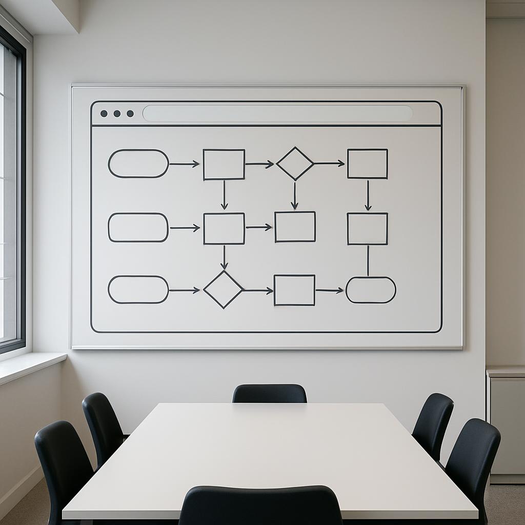 A flowchart hanging on a wall above a table with chairs.